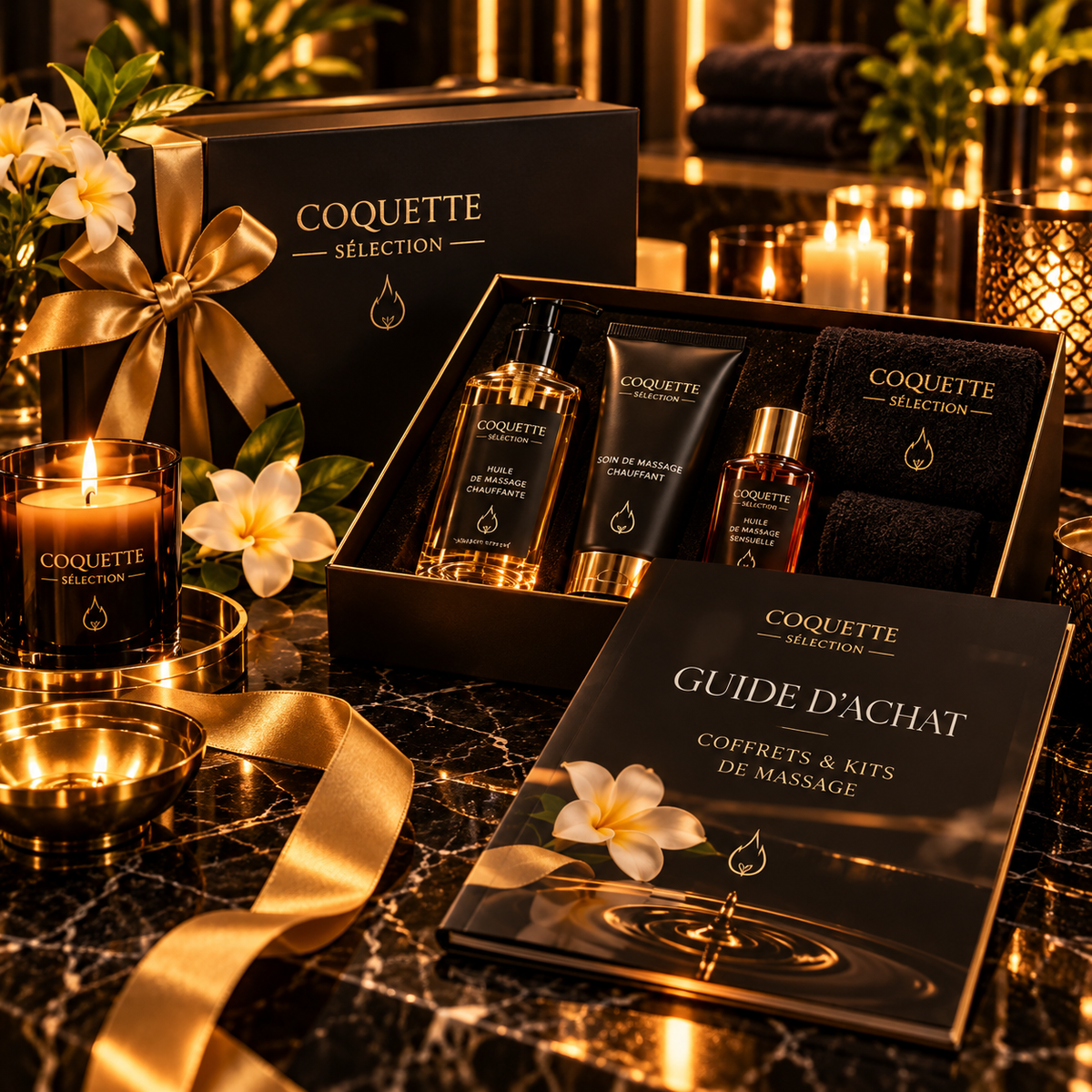 Guide d’achat des coffrets et kits de massage Coquette Sélection, avec coffret cadeau ouvert, huiles et soins de massage, bougie allumée et accessoires dans une ambiance spa luxueuse noire et dorée.