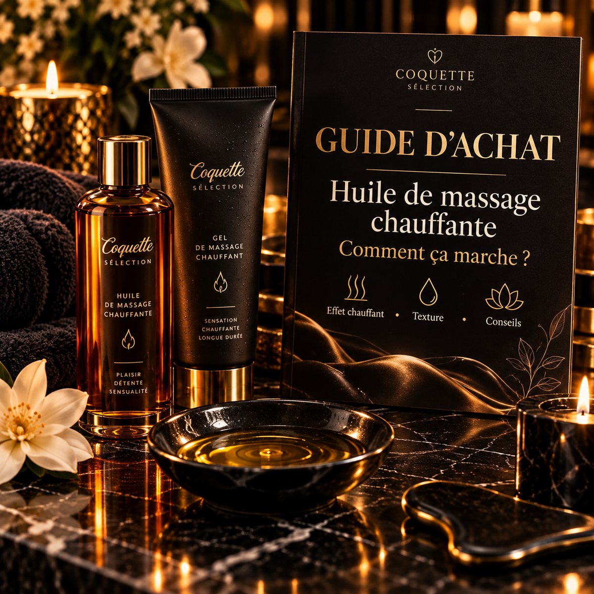 Huile de massage chauffante dans une ambiance spa noir et doré – guide d’achat Coquette Sélection