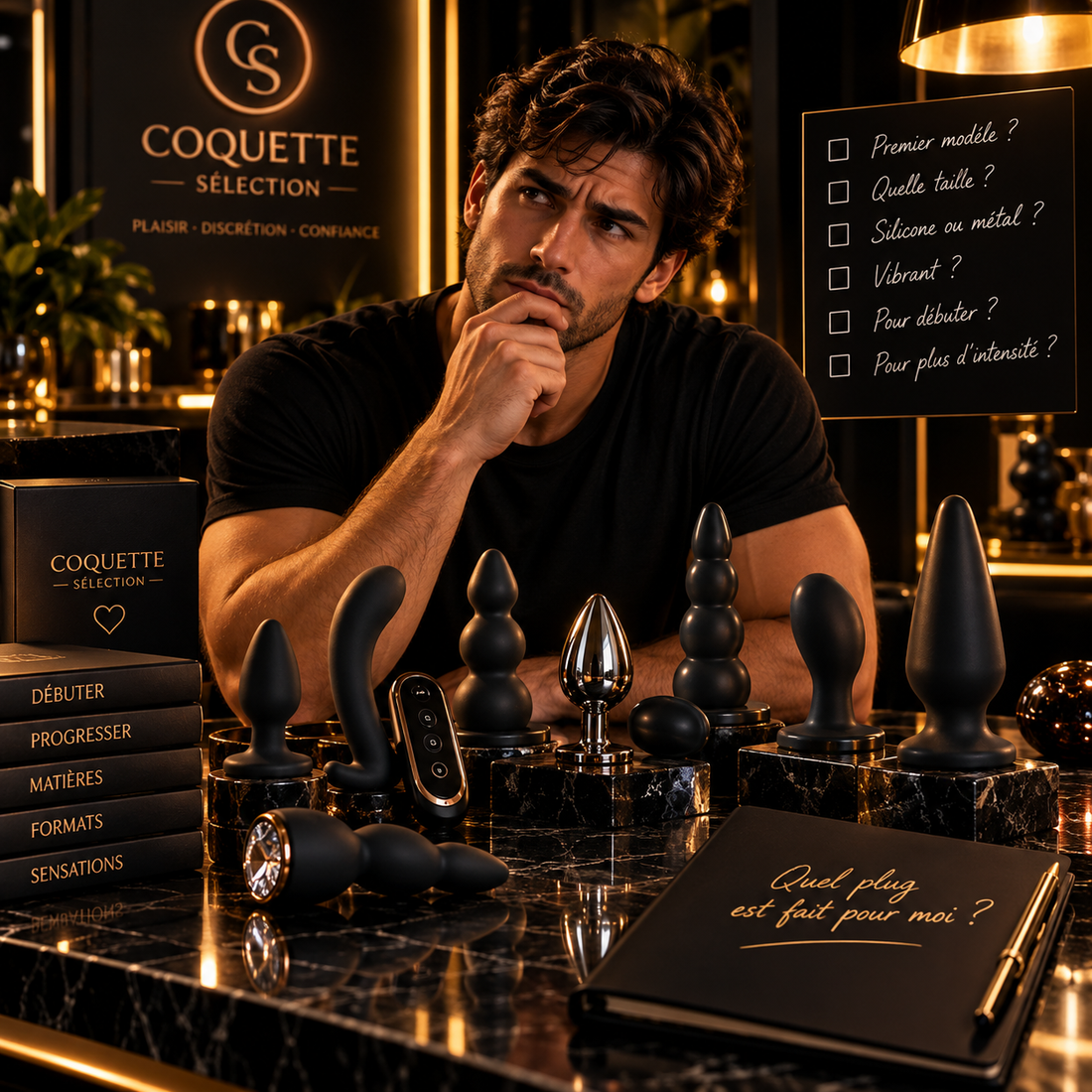 Homme comparant plusieurs plugs anaux de tailles et formes différentes pour choisir un modèle adapté à son niveau