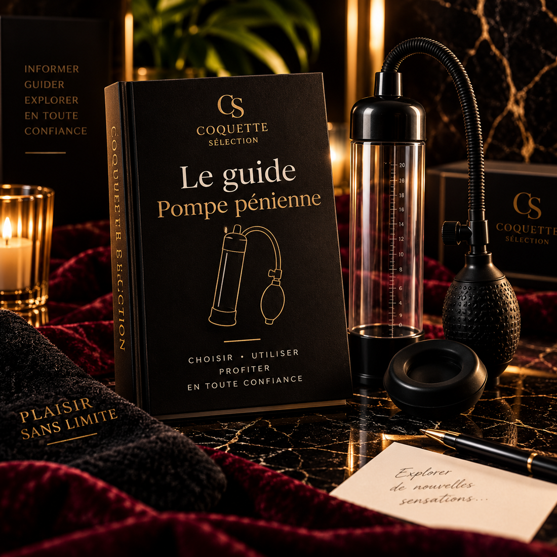 Guide pompe pénienne Coquette Sélection avec pompe manuelle sur décor noir et doré