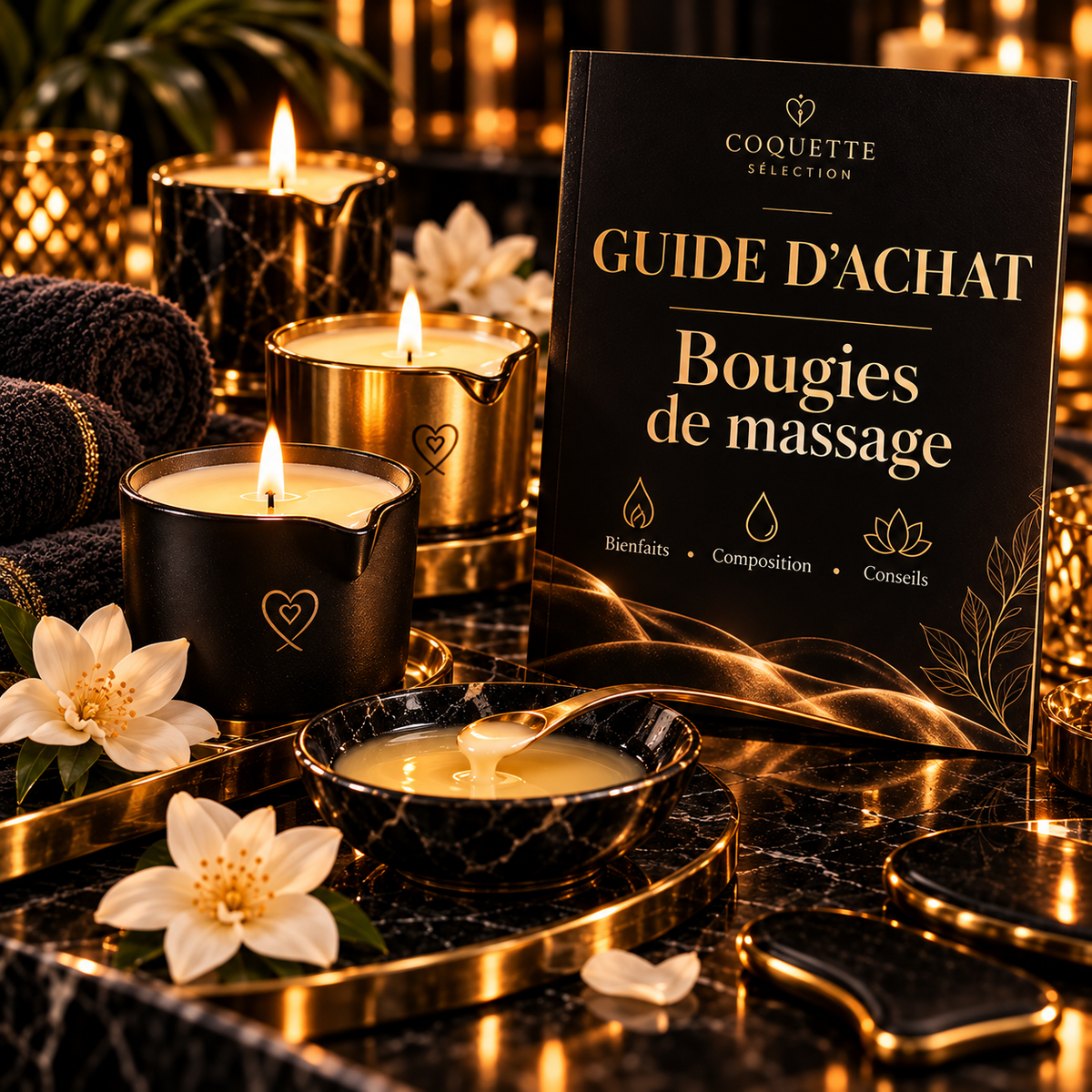 Guide d’achat des bougies de massage, bougies noires et dorées allumées, baume fondant et carnet de conseils