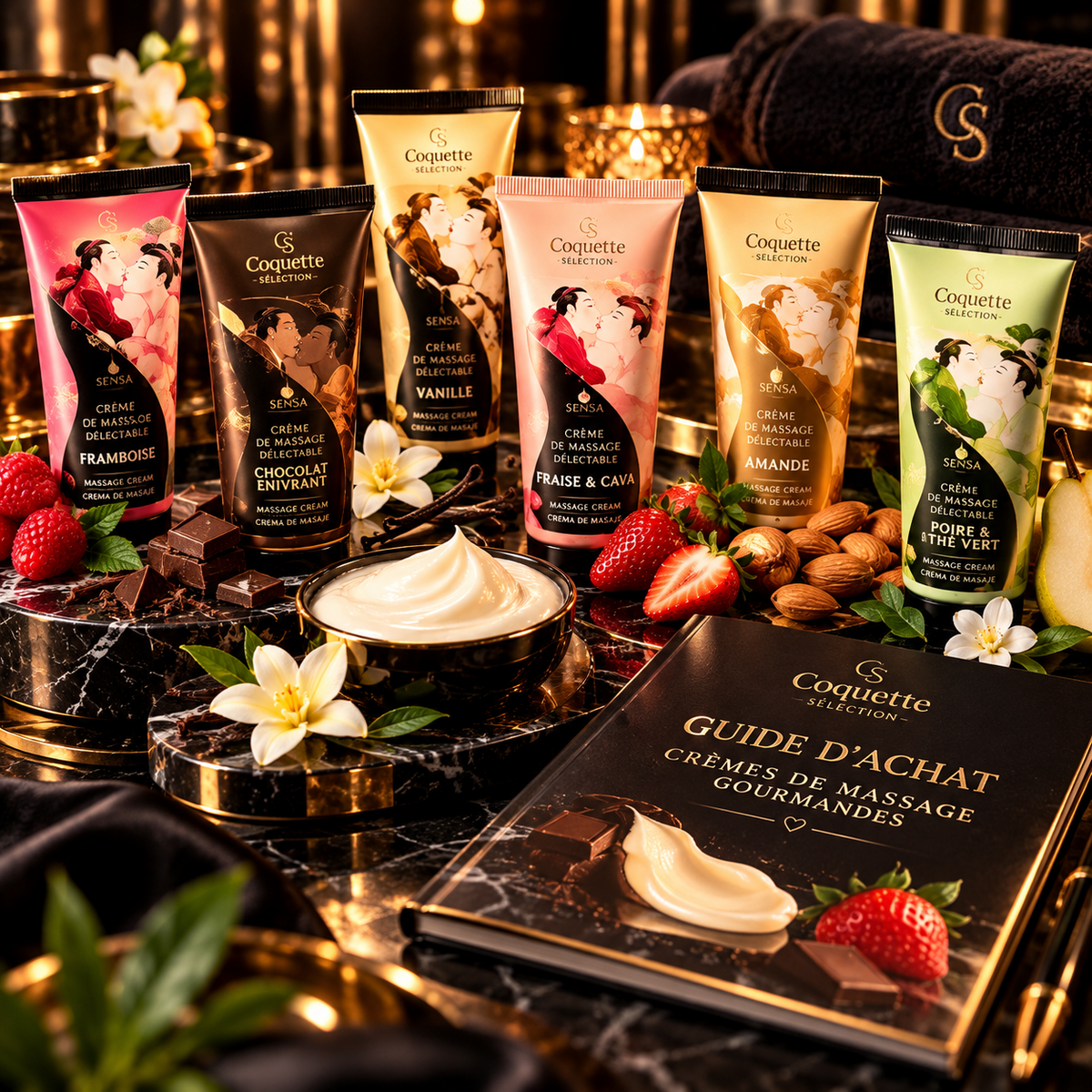 Guide des crèmes de massage gourmandes, tubes aux parfums chocolat et fruits et crème onctueuse sur marbre noir et doré