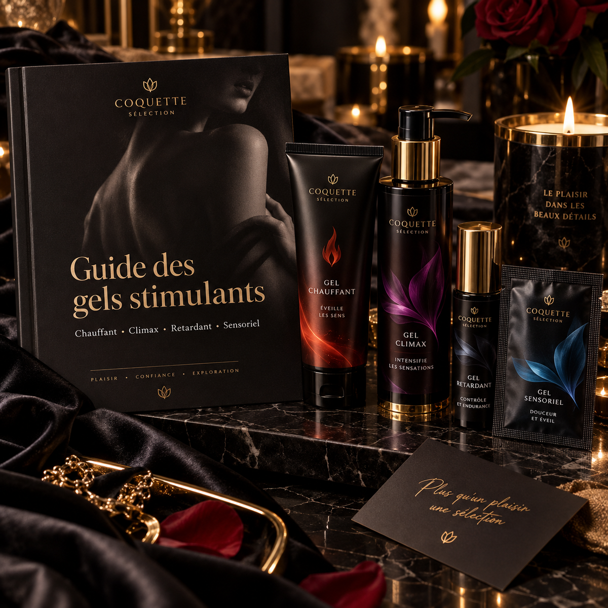 Guide des gels stimulants avec formules chauffante, climax, retardante et sensorielle dans un univers noir et doré