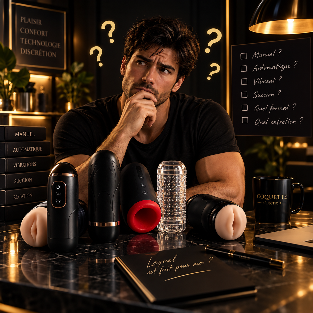 Homme hésitant entre plusieurs types de masturbateurs – guide comparatif Coquette Sélection