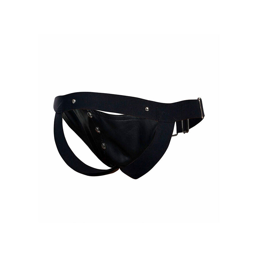 Jockstrap homme noir effet cuir MOB présenté seul sur fond blanc