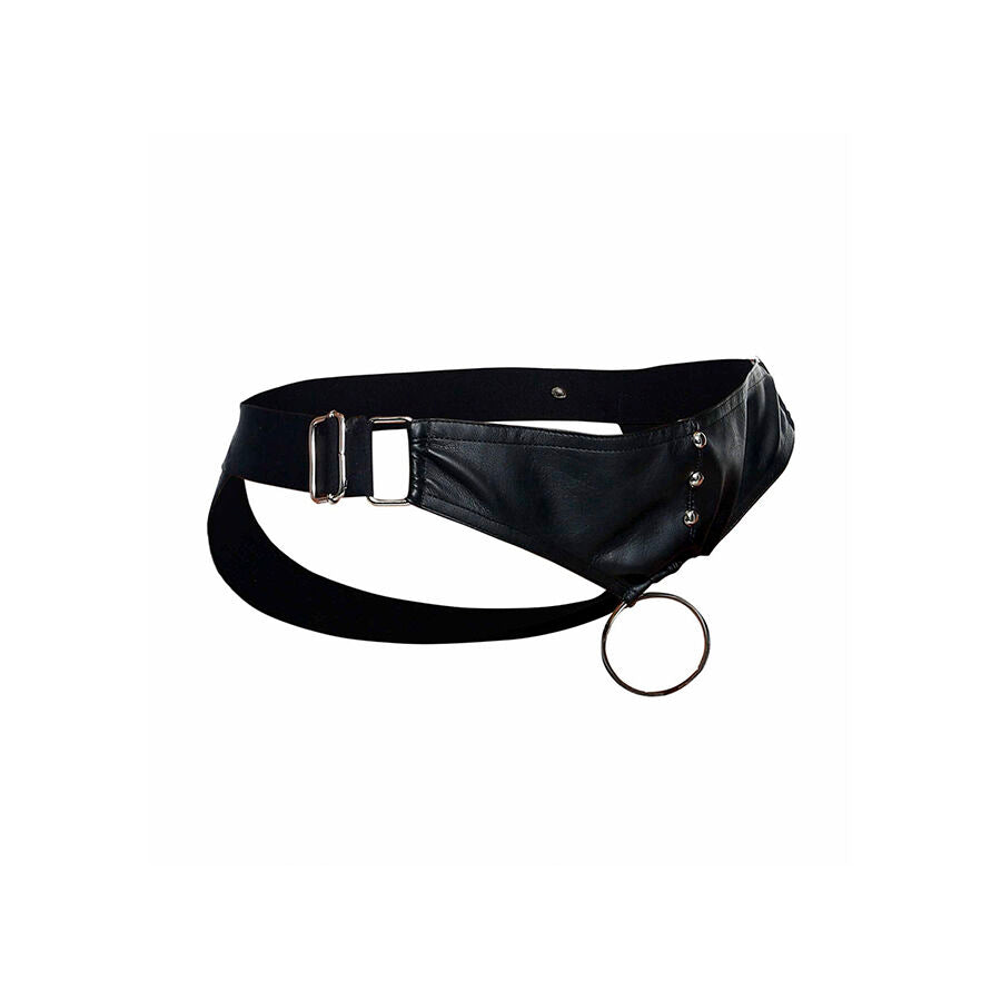Vue latérale du jockstrap noir effet cuir MOB avec anneau métallique