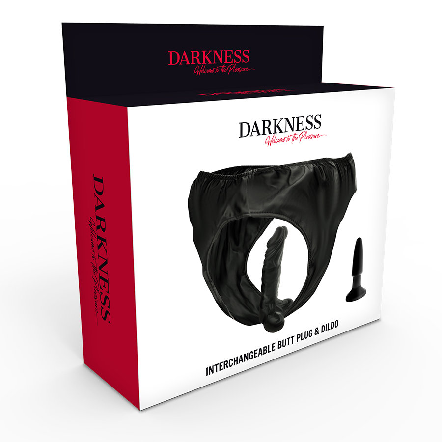 Culotte harnais avec gode et plug noir Darkness