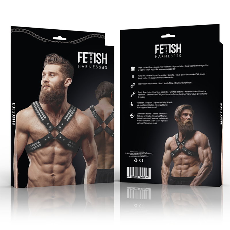 Packaging harnais poitrine homme Fetish Submissive en cuir vegan noir