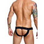 Vue dos du jockstrap homme noir effet cuir avec lanières ouvertes – MOB