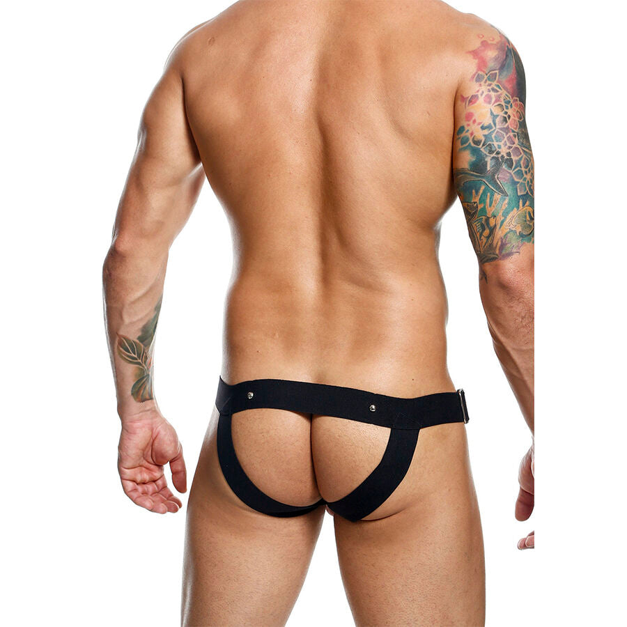 Vue dos du jockstrap homme noir effet cuir avec lanières ouvertes – MOB
