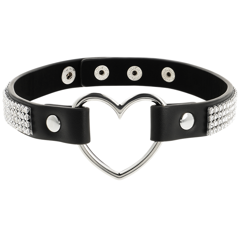 Collier ras de cou fétiche noir en cuir vegan avec cœur argenté