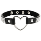 Collier ras de cou fétiche noir en cuir vegan avec cœur argenté