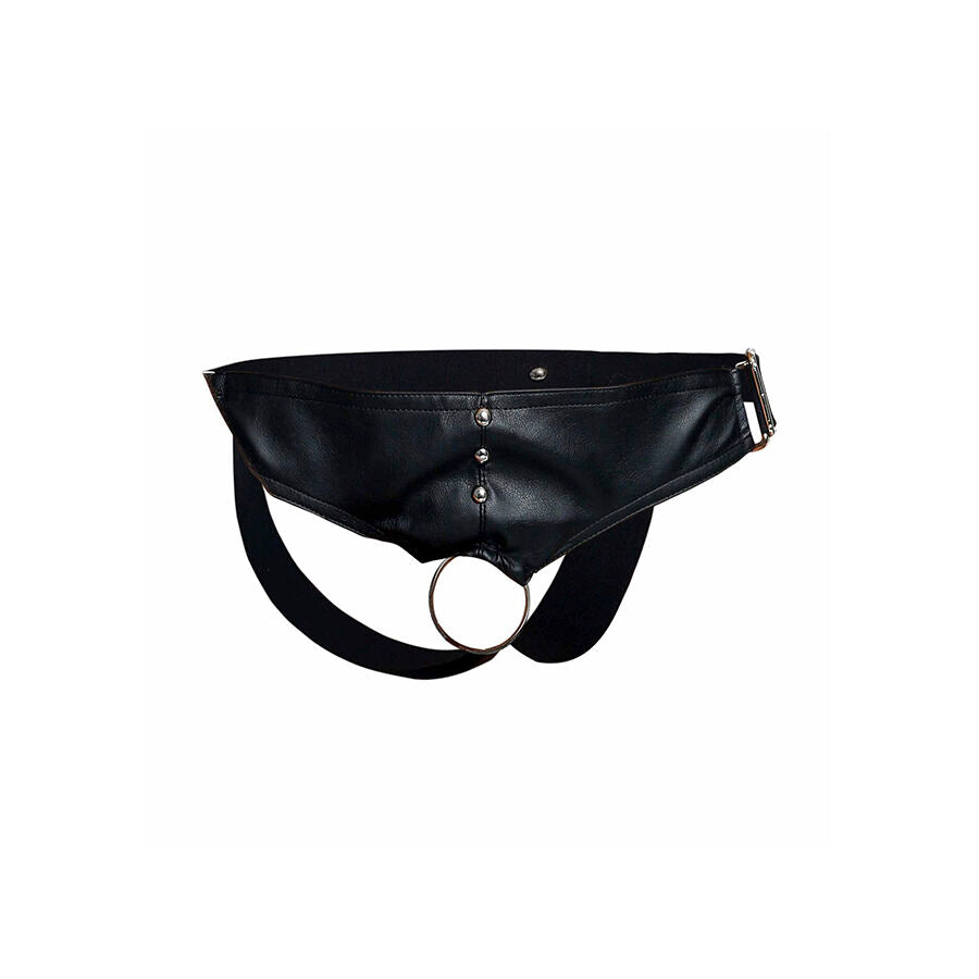 Jockstrap homme noir effet cuir avec anneau métallique et ceinture ajustable