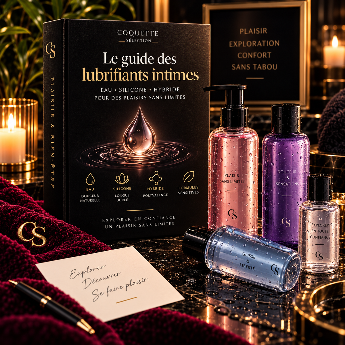 Guide des lubrifiants intimes Coquette Sélection avec flacons de lubrifiant, formules à base d’eau, silicone et hybrides dans une ambiance noire et dorée.