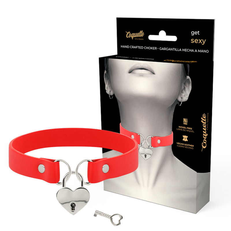 Collier cœur rouge cuir vegan avec clé Coquette Chic Desire avec packaging