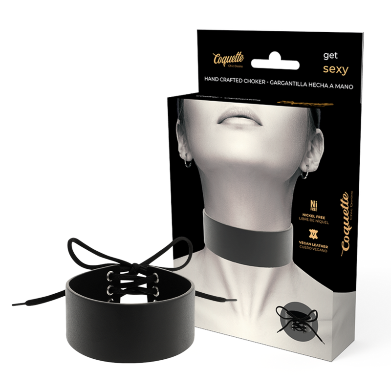 Ras de cou lacé cuir vegan noir Coquette Chic Desire avec packaging