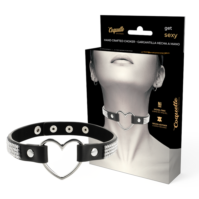 Ras de cou cœur cuir vegan noir Coquette Chic Desire avec packaging