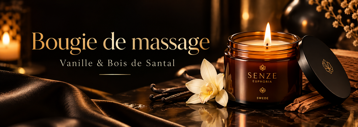 Bannière de la bougie de massage Senze Euphoria Swede 50 ml, parfum vanille et bois de santal, dans une ambiance élégante noire et dorée, avec bougie allumée, fleur de vanille et bois de santal.
