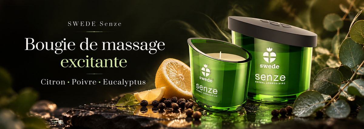 Bannière de la bougie de massage Swede Senze Citron, Poivre & Eucalyptus 50 ml, présentant deux contenants en verre vert sur un fond noir élégant, accompagnés de citron frais, de grains de poivre et de feuilles d’eucalyptus, dans une ambiance raffinée aux reflets dorés.