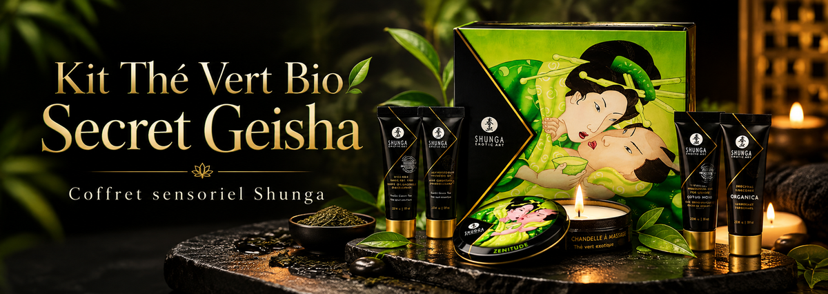 Bannière du coffret Shunga Secret Geisha Thé Vert Bio, avec cinq soins de massage, bougie Zenitude, feuillage de thé vert et ambiance raffinée sur fond noir aux reflets dorés.