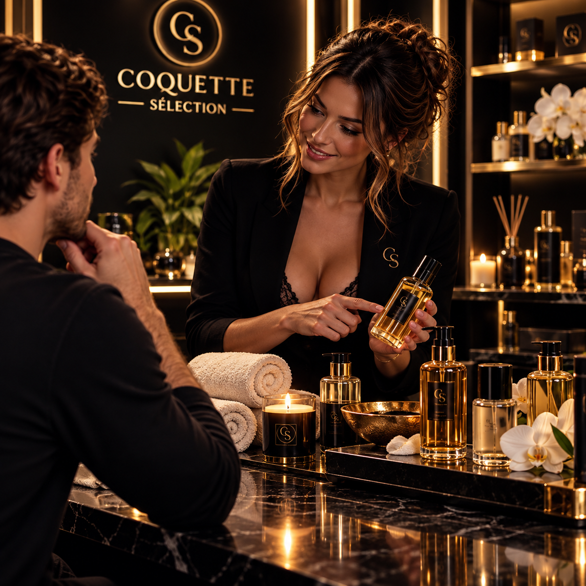 Image Coquette Sélection montrant une conseillère présentant des huiles de massage parfumées et neutres à un client, dans une ambiance spa premium noir et or avec bougies, serviettes et flacons de soin.