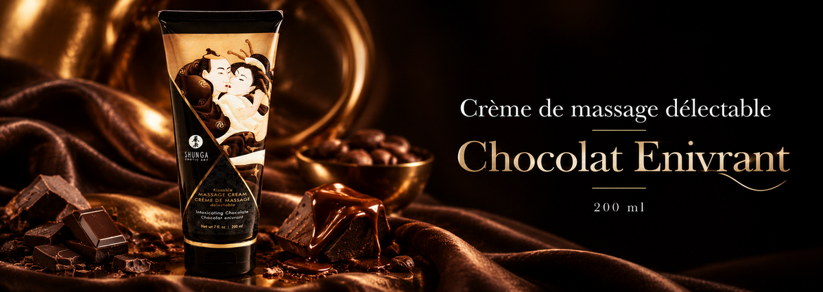 Crème de massage délectable Chocolat Enivrant 200 ml Shunga avec crème chocolatée, écrin noir et ambiance premium chocolat et doré.