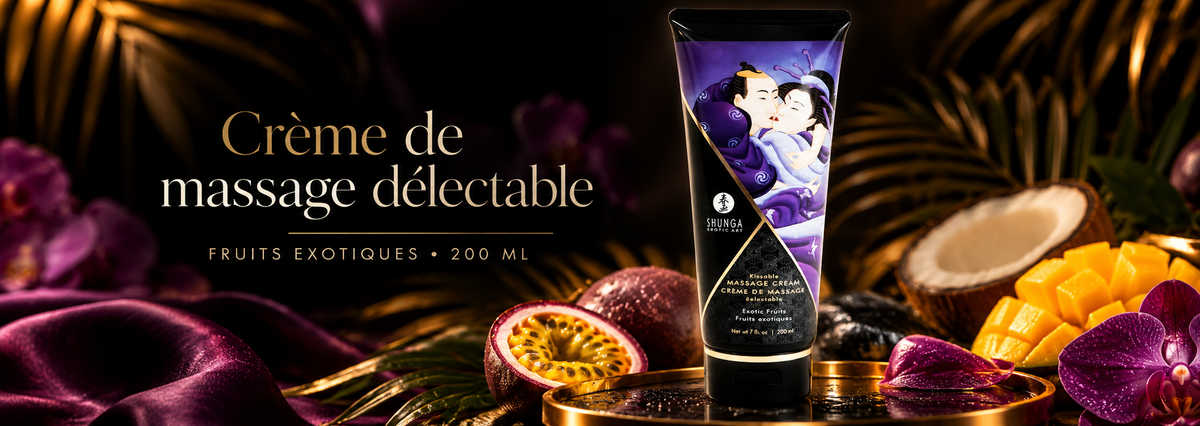 Crème de massage délectable Fruits Exotiques 200 ml Shunga avec fruits tropicaux et ambiance premium noire, violette et dorée.