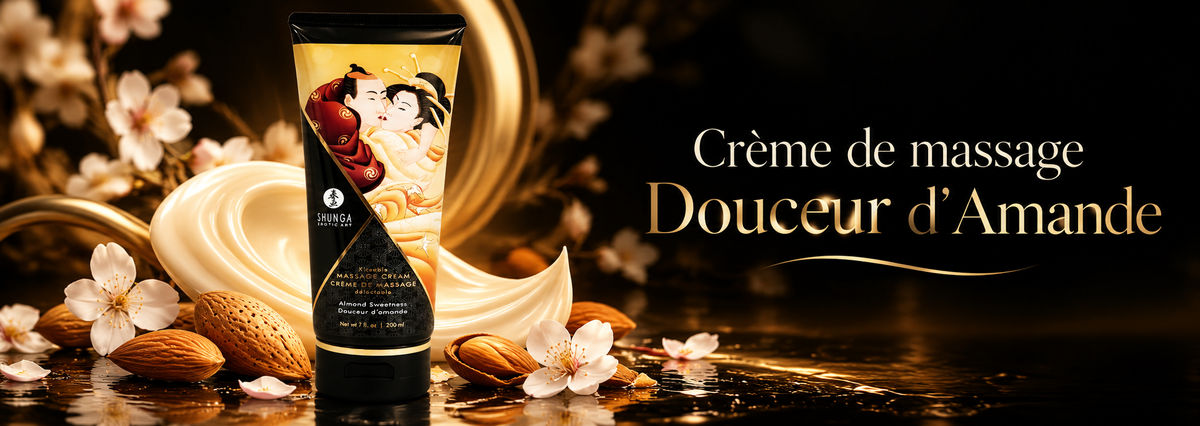 Crème de massage Douceur d’Amande Shunga 200 ml sur fond noir et doré, entourée d’amandes, de fleurs blanches et d’une texture crème, avec le texte « Crème de massage Douceur d’Amande