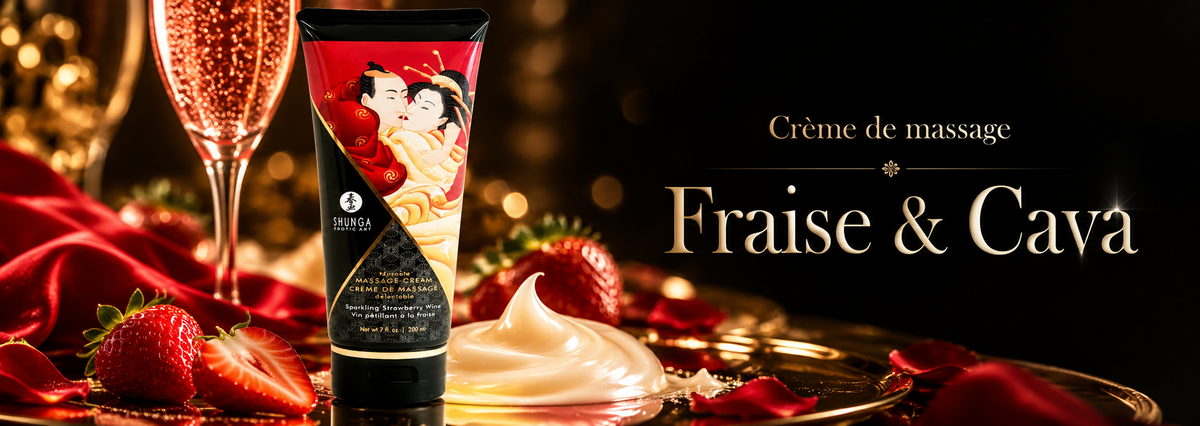 Crème de massage délectable Fraise & Cava 200 ml Shunga avec fraises, verre pétillant et ambiance premium noire, rouge et dorée.