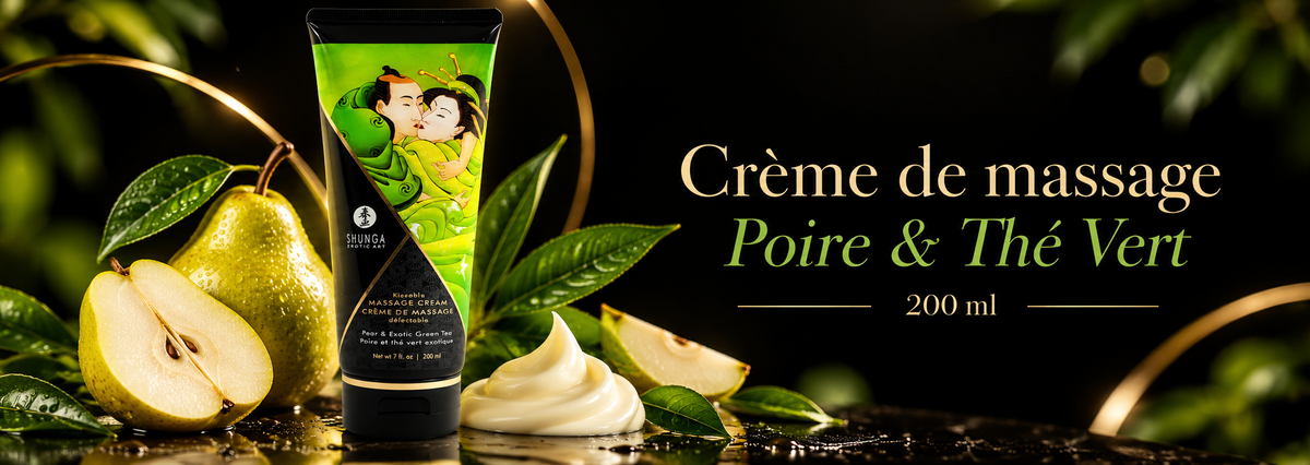 Crème de massage délectable Poire & Thé Vert 200 ml Shunga avec poires, feuilles de thé vert et texture crème sur fond noir et doré.