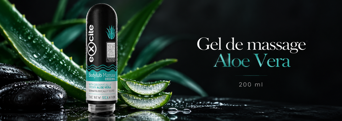 Gel de massage Bodylub Original Aloe Vera 200 ml Excite avec aloe vera frais sur fond noir et vert, ambiance premium et élégante.