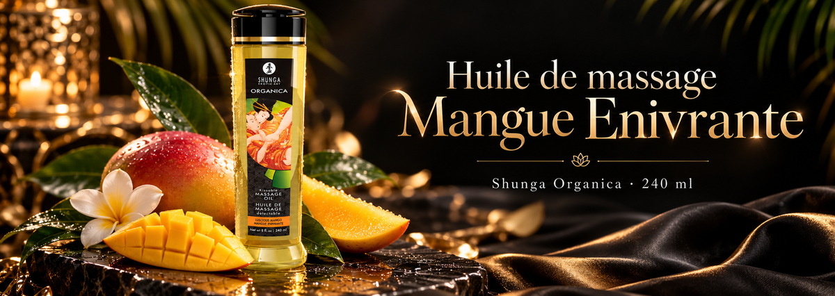 Huile de massage Organica Mangue Enivrante 240 ml Shunga avec mangue fraîche sur fond noir et doré.