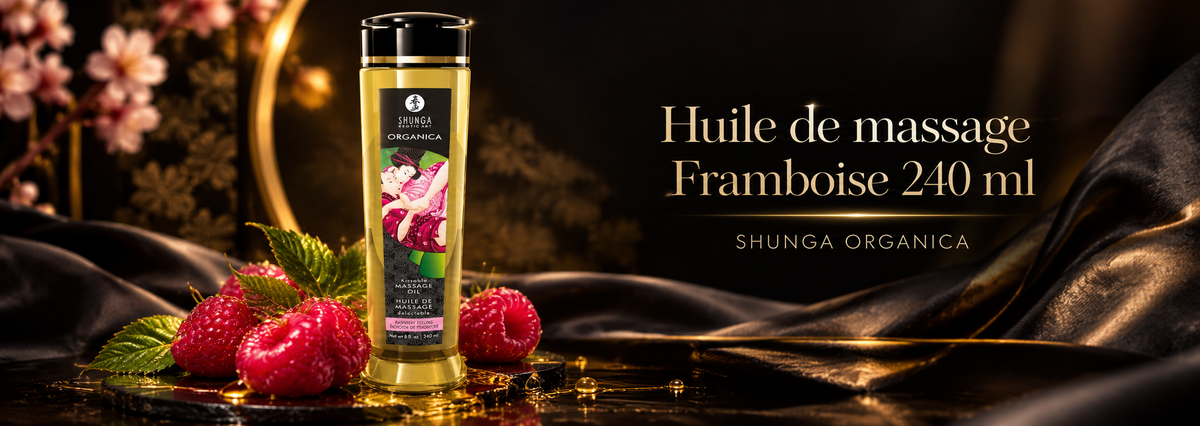 Huile de massage Organica Framboise 240 ml Shunga avec framboises fraîches sur fond noir et doré, ambiance élégante et premium.