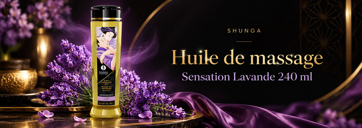 Huile de massage Sensation Lavande 240 ml Shunga avec fleurs de lavande sur fond noir, violet et doré.