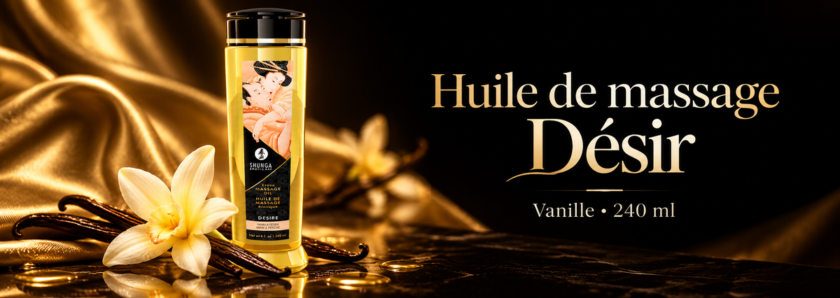 Huile de massage Désir Vanille 240 ml Shunga avec fleur et gousses de vanille sur fond noir et doré.
