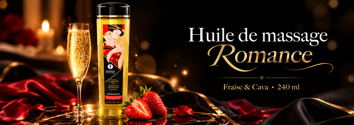 Huile de massage Romance Fraise & Cava 240 ml Shunga avec fraises et flûte de vin pétillant sur fond noir et doré.