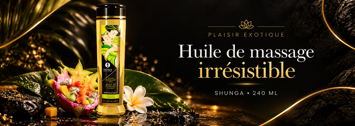Huile de massage Irresistible Asian Fusion 240 ml Shunga avec fruits exotiques sur fond noir et doré.