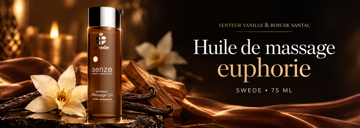 Huile de massage Euphoria Vanille & Bois de Santal 75 ml Swede avec vanille et bois de santal sur fond noir et doré.