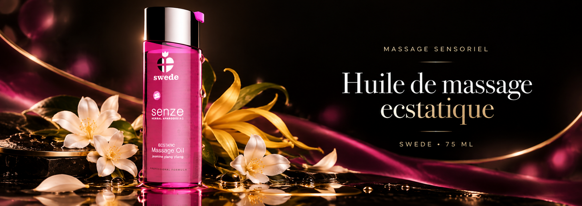 Huile de massage Ecstatic Jasmin & Ylang-Ylang 75 ml – Swede, présentée avec fleurs de jasmin et ylang-ylang sur fond noir et doré.