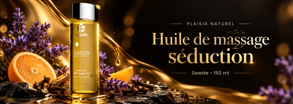 Huile de massage Seduction Swede 150 ml au clou de girofle, orange et lavande, présentée sur fond noir et doré.
