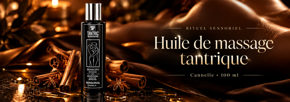 Huile de massage tantrique Eros-Art à la cannelle 100 ml, présentée dans une ambiance noire et dorée avec bâtons de cannelle et anis étoilé.