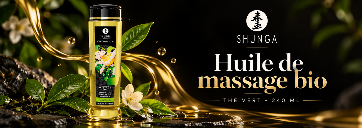 Huile de massage Shunga Organica Thé Vert 240 ml, présentée sur une bannière noire et dorée avec feuilles de thé vert, fleurs blanches et filet d’huile dorée.