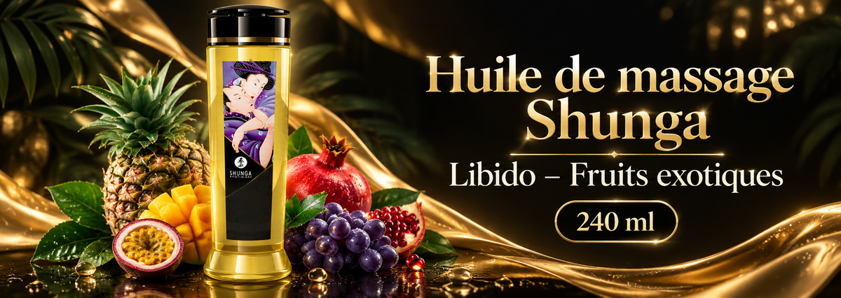 Bannière de l’huile de massage Shunga Libido Fruits exotiques 240 ml, avec flacon doré entouré d’ananas, grenade et raisin, sur fond noir élégant aux reflets dorés.