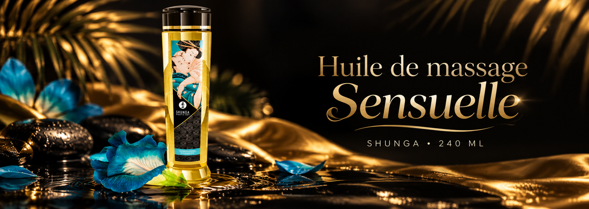 Bannière de l’huile de massage Shunga Sensuelle Fleurs des îles 240 ml, avec flacon doré et fleurs tropicales bleues sur fond noir élégant aux reflets dorés.