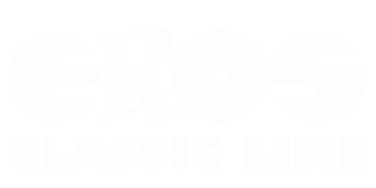 Logo blanc Eros Classic Line sur fond transparent, avec typographie stylisée en lettres majuscules, destiné à la présentation de la marque.