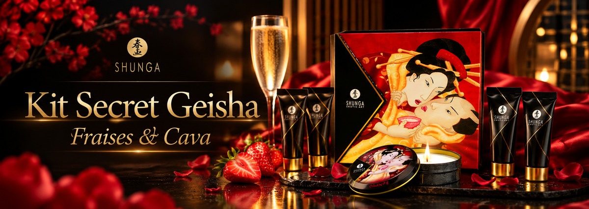 Bannière SHUNGA Kit Secret Geisha Fraises & Cava avec coffret de massage, bougie, tubes de soin, fraises et flûte de cava sur fond rouge et noir élégant.
