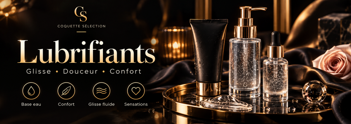 Bannière de la collection Lubrifiants intimes avec flacons et gel transparent dans une ambiance noire et dorée – Coquette Sélection