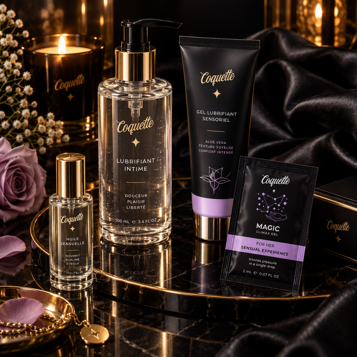 Lubrifiants intimes Coquette Sélection avec gel sensoriel et huile sensuelle dans une ambiance noire, dorée et élégante.