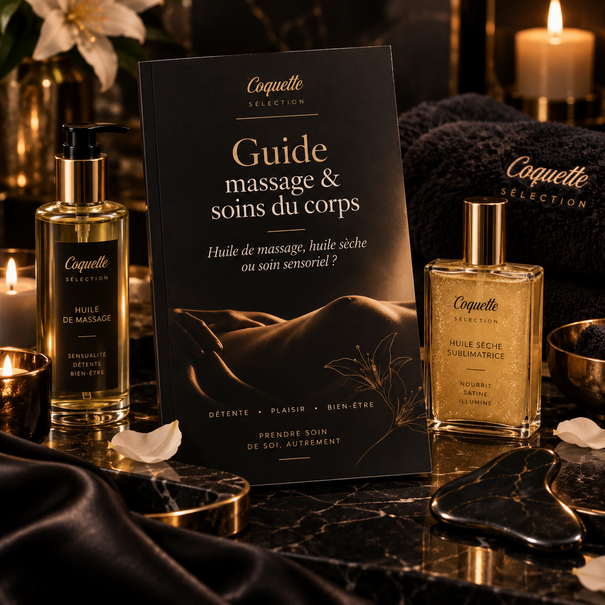 Guide massage et soins du corps avec huile de massage et huile sèche Coquette Sélection dans une ambiance spa noire et dorée.