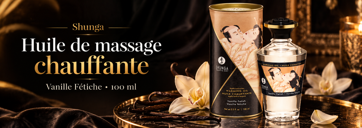 Bannière de l’huile de massage chauffante Shunga Vanille Fétiche 100 ml avec flacon, étui et fleurs de vanille